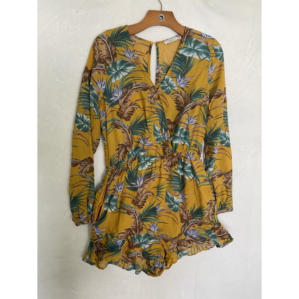 Lush Anthropologie Women M Tropical/Floral Long Puff Sleeve Shorts Jumpsuit Boho